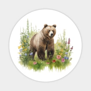 Watercolor picture of a brown bear and beautiful colored flowers. Magnet